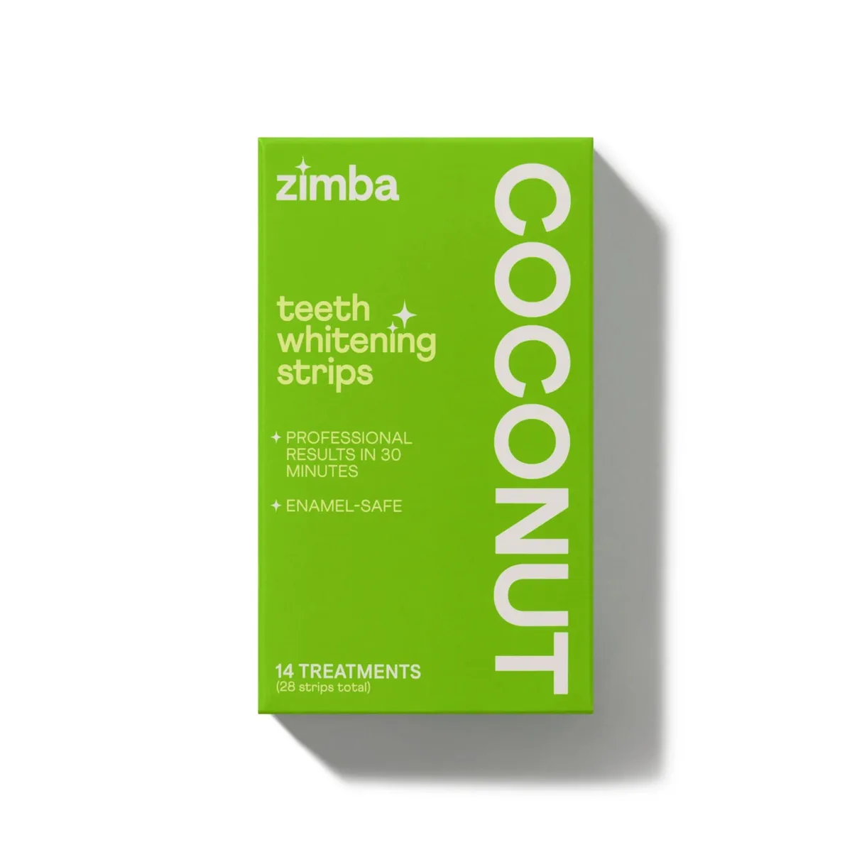 White rectangular box with coconut graphics, 28-count teeth whitening strips inside