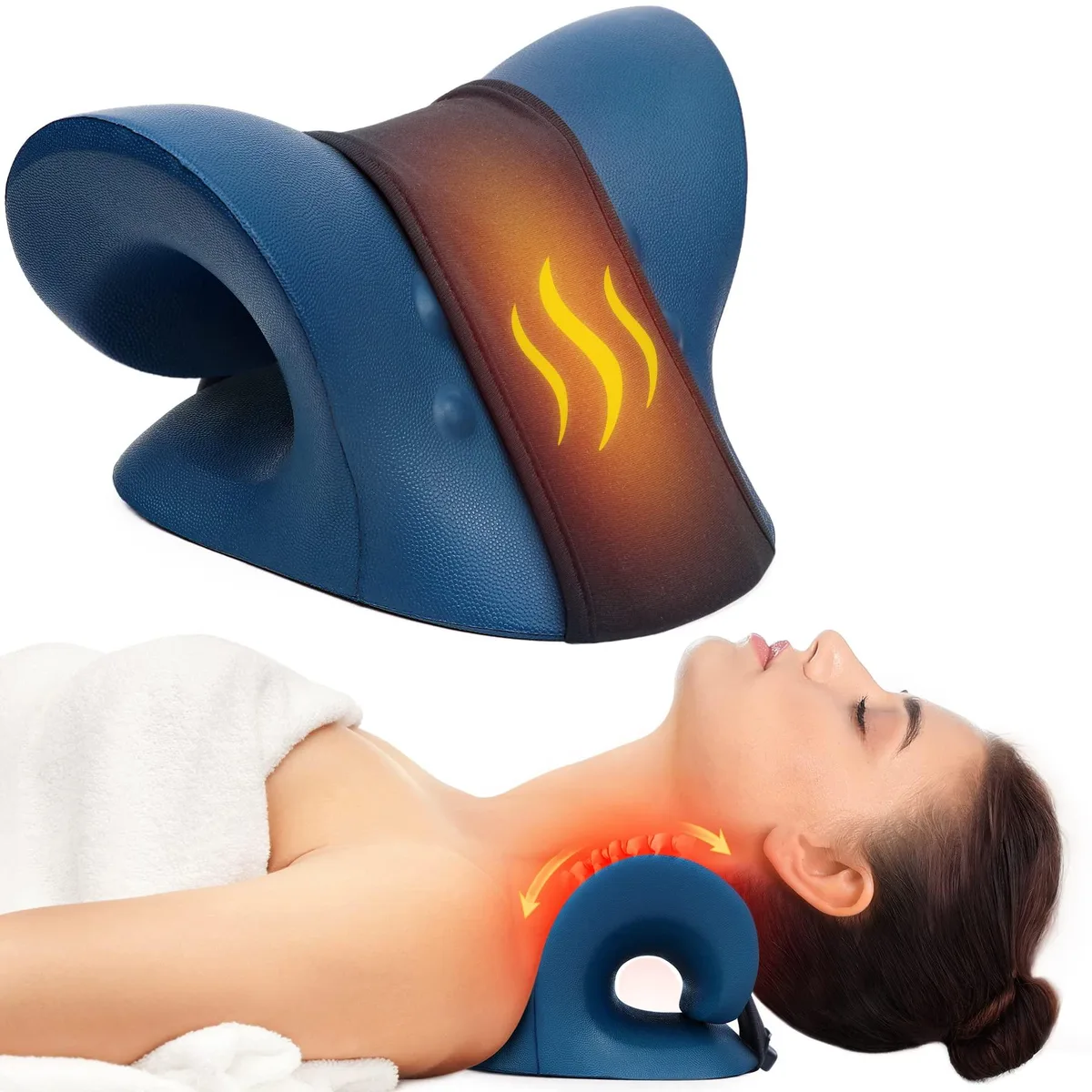 Dark blue curved neck stretcher with attached heating pad and USB controller cable