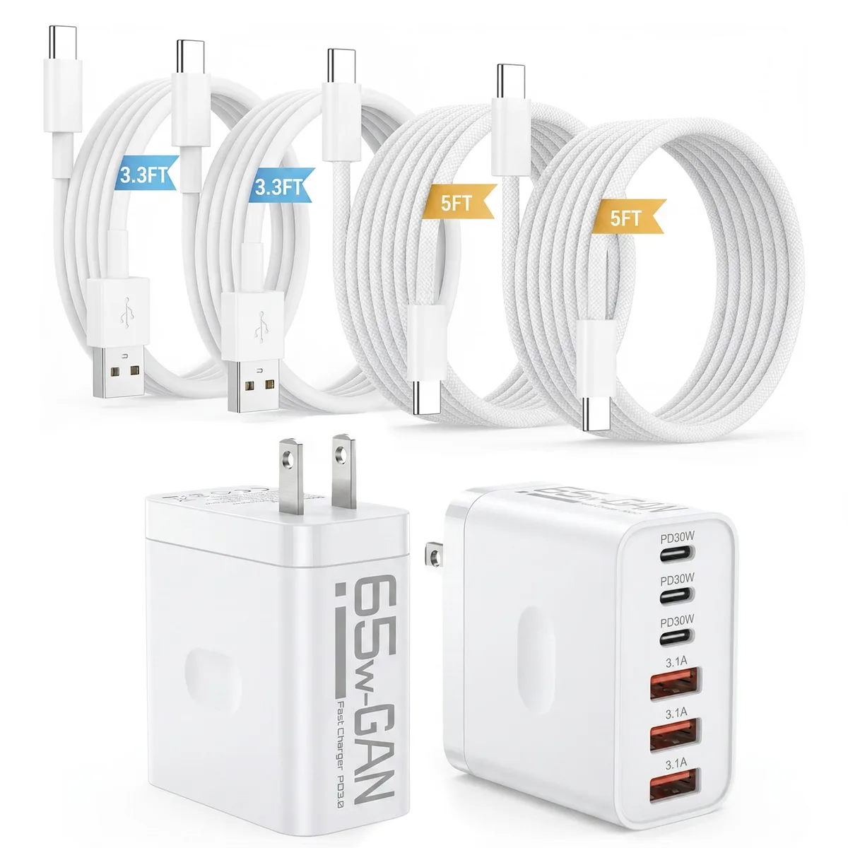 MAUSLGE 65W 6-Port USB Charger 2-Pack with Cables — product photo