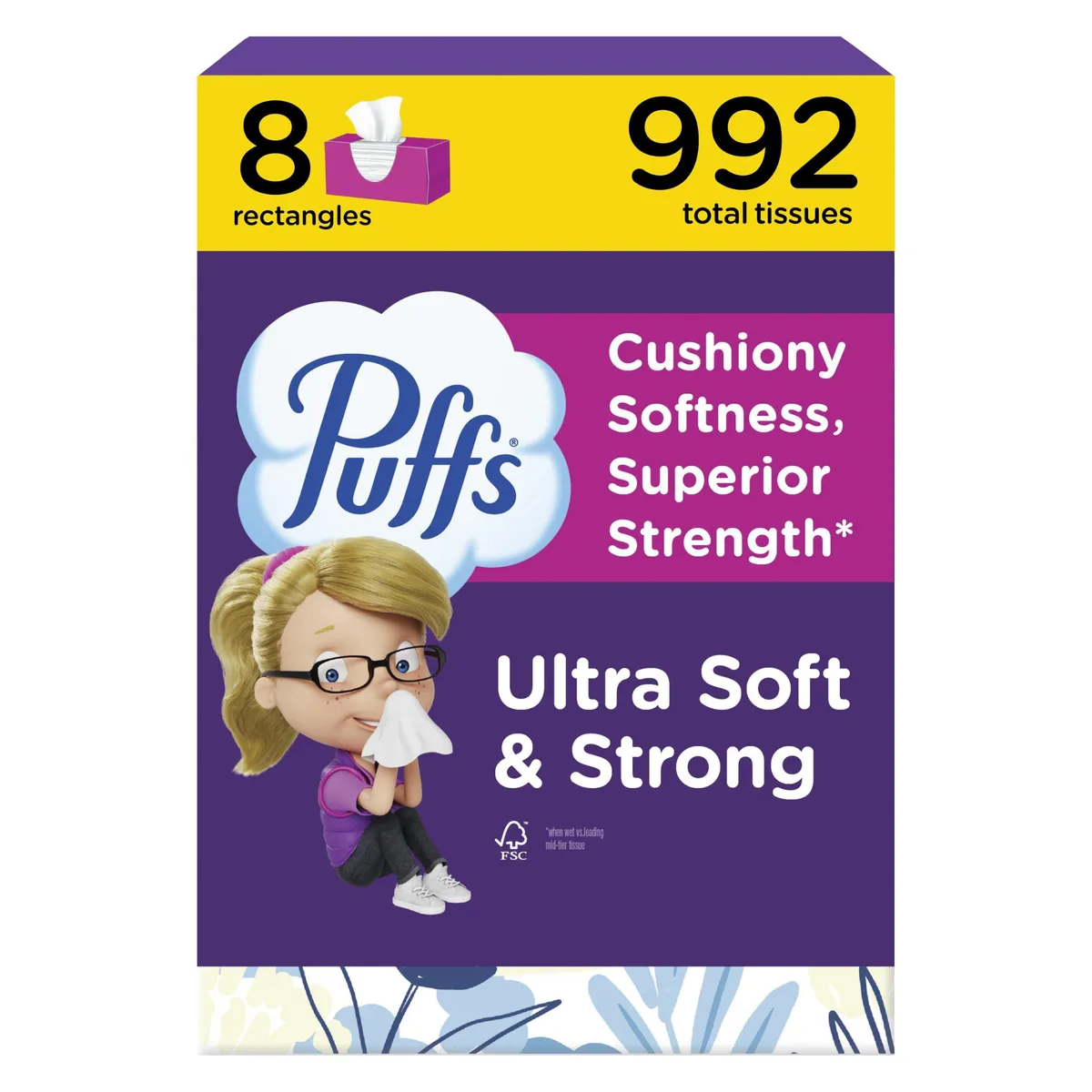 Eight rectangular boxes of white facial tissues, ultra soft non-lotion, 124 count each
