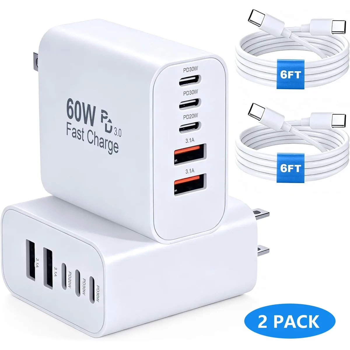AUTYUE AUTYUE 65W3C2A 60W 5-port USB charger with 2 cables — product photo