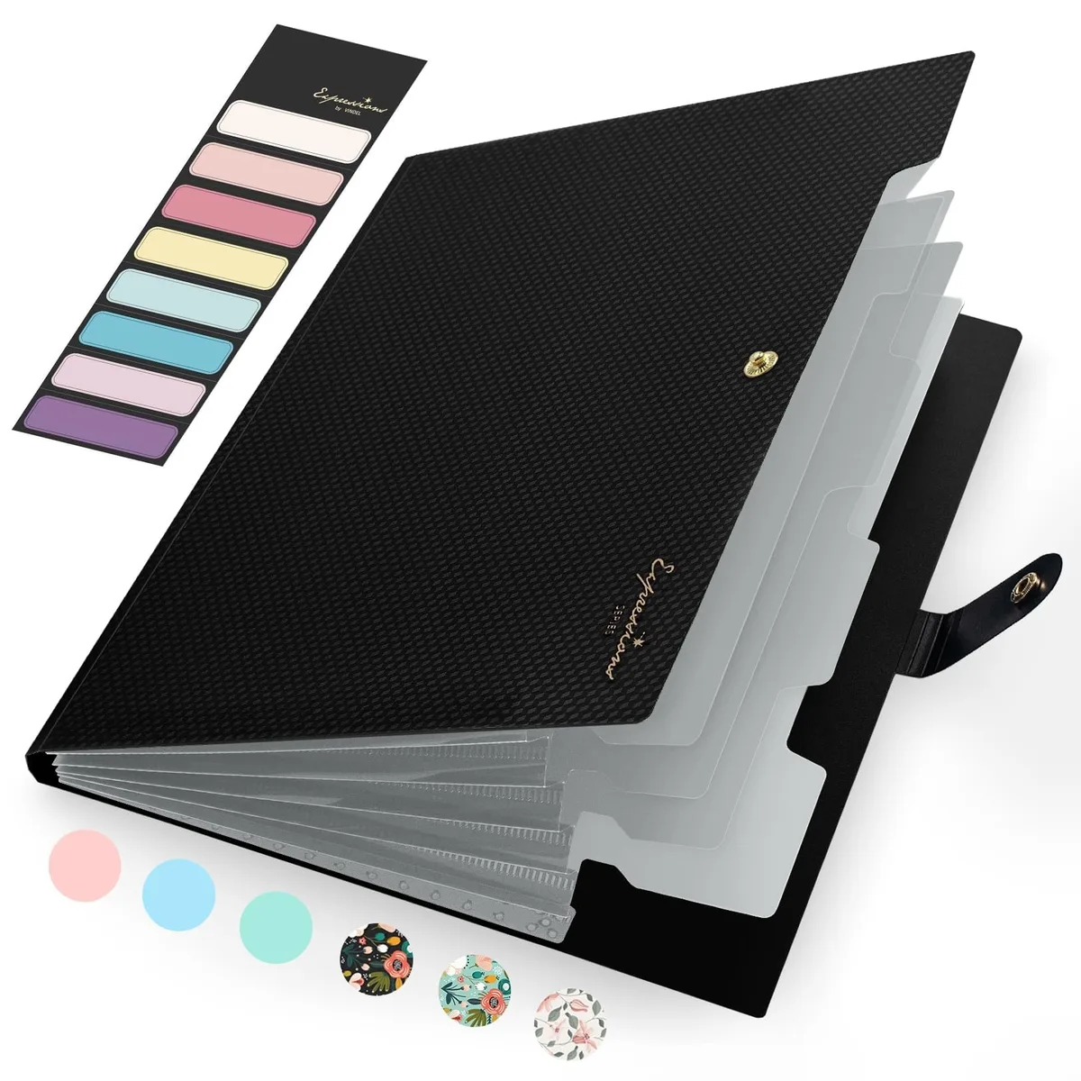 Black polypropylene expanding file folder with five pockets and snap closure