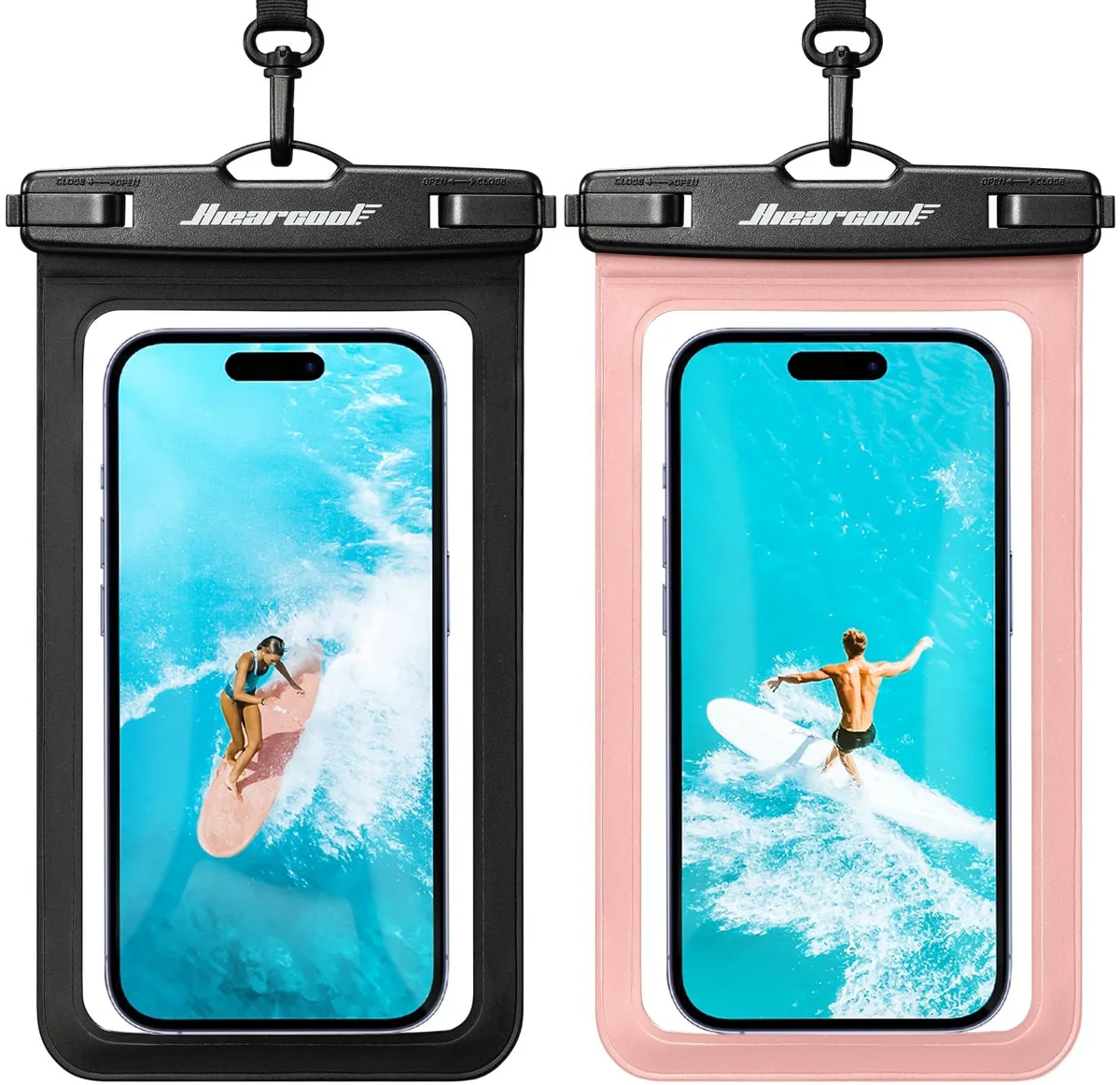Hiearcool Waterproof Phone Pouch 2 Pack Black & Peach Pink IPX8 Lanyard 8.9 in — product photo
