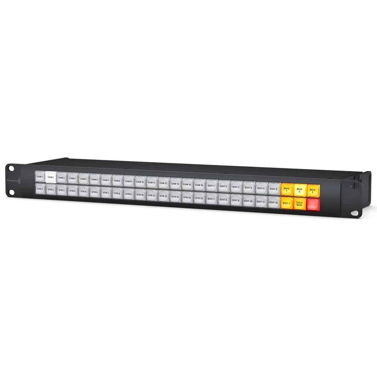 Black rectangular panel with 40 illuminated buttons and a central rotary knob