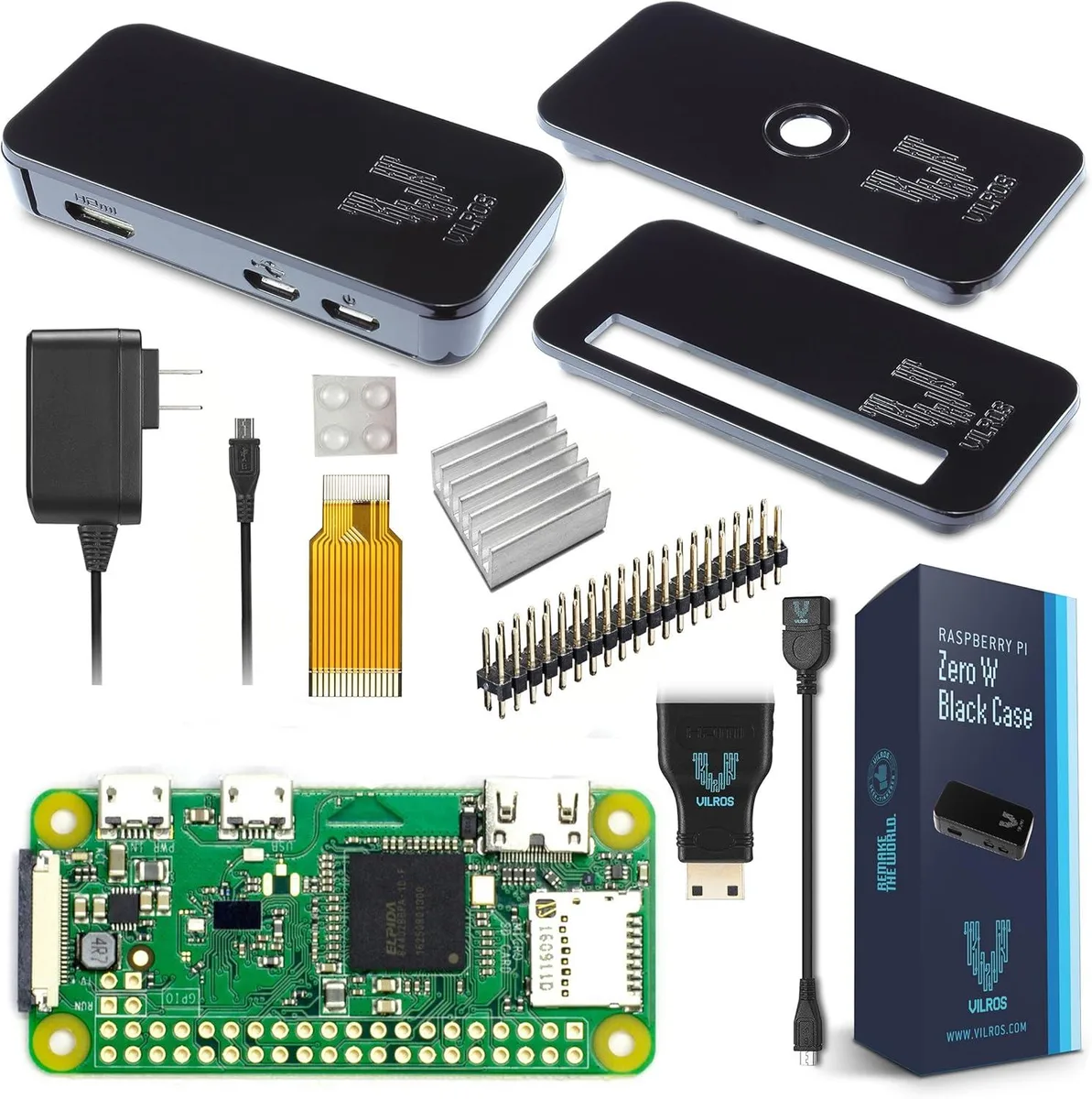 Raspberry Pi Zero W board inside black plastic case with adapters and header