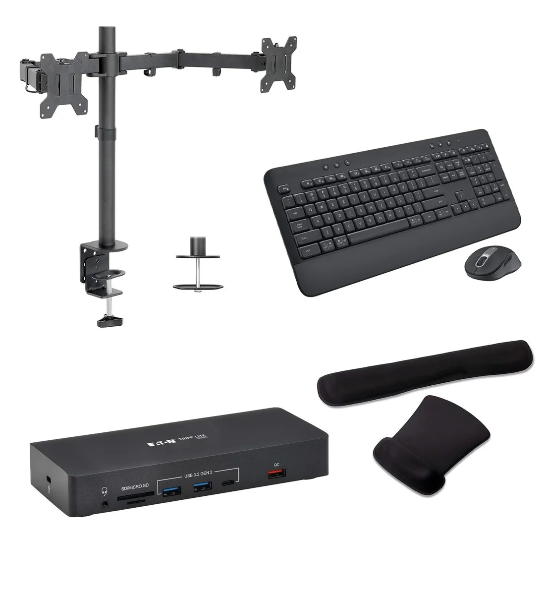 Tripp Lite Tripp Lite USB-C Dock Bundle with MK650 Keyboard, Mouse, Desk Mount Dual Monitor Stand &amp; Gel Wrist Rest — product photo