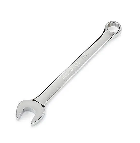Polished steel combination wrench, 15 mm open and 12-point box ends angled 15 degrees