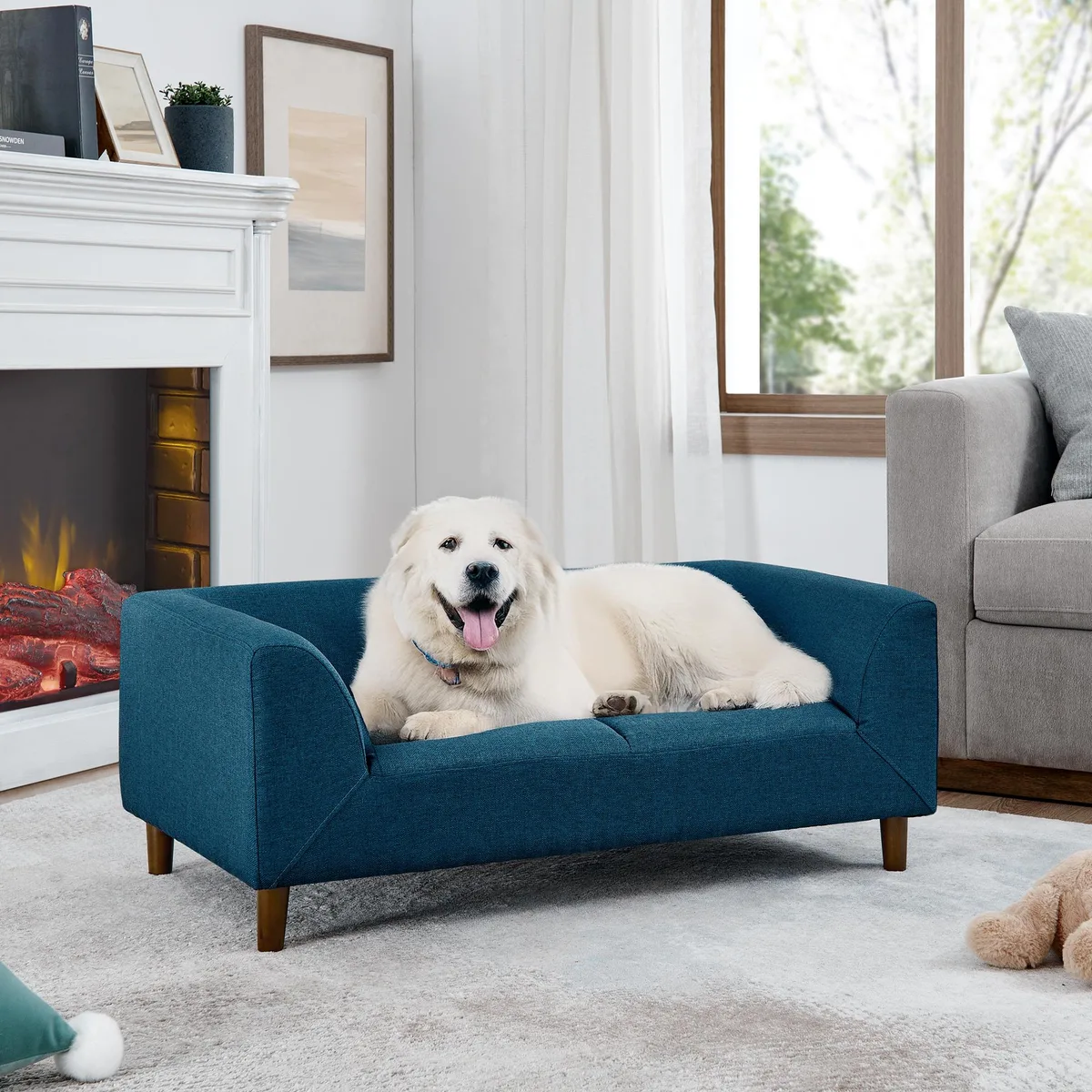 Blue rectangular pet sofa with backrest and armrests, short legs, foam cushion