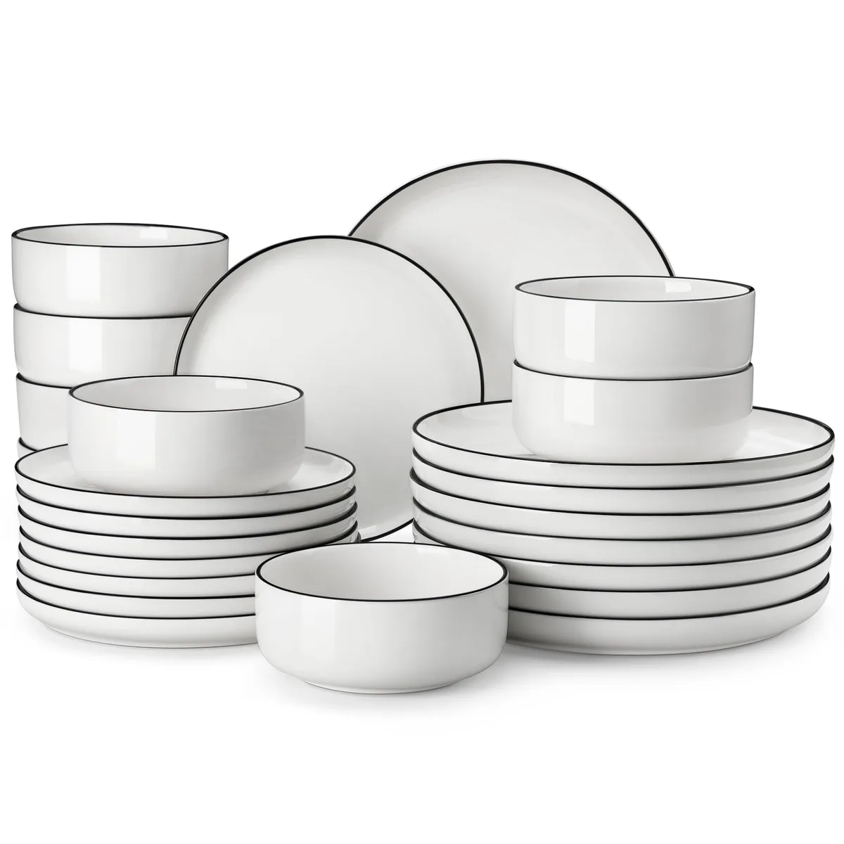 White porcelain dinnerware set, 24 pieces with black rim, glossy finish