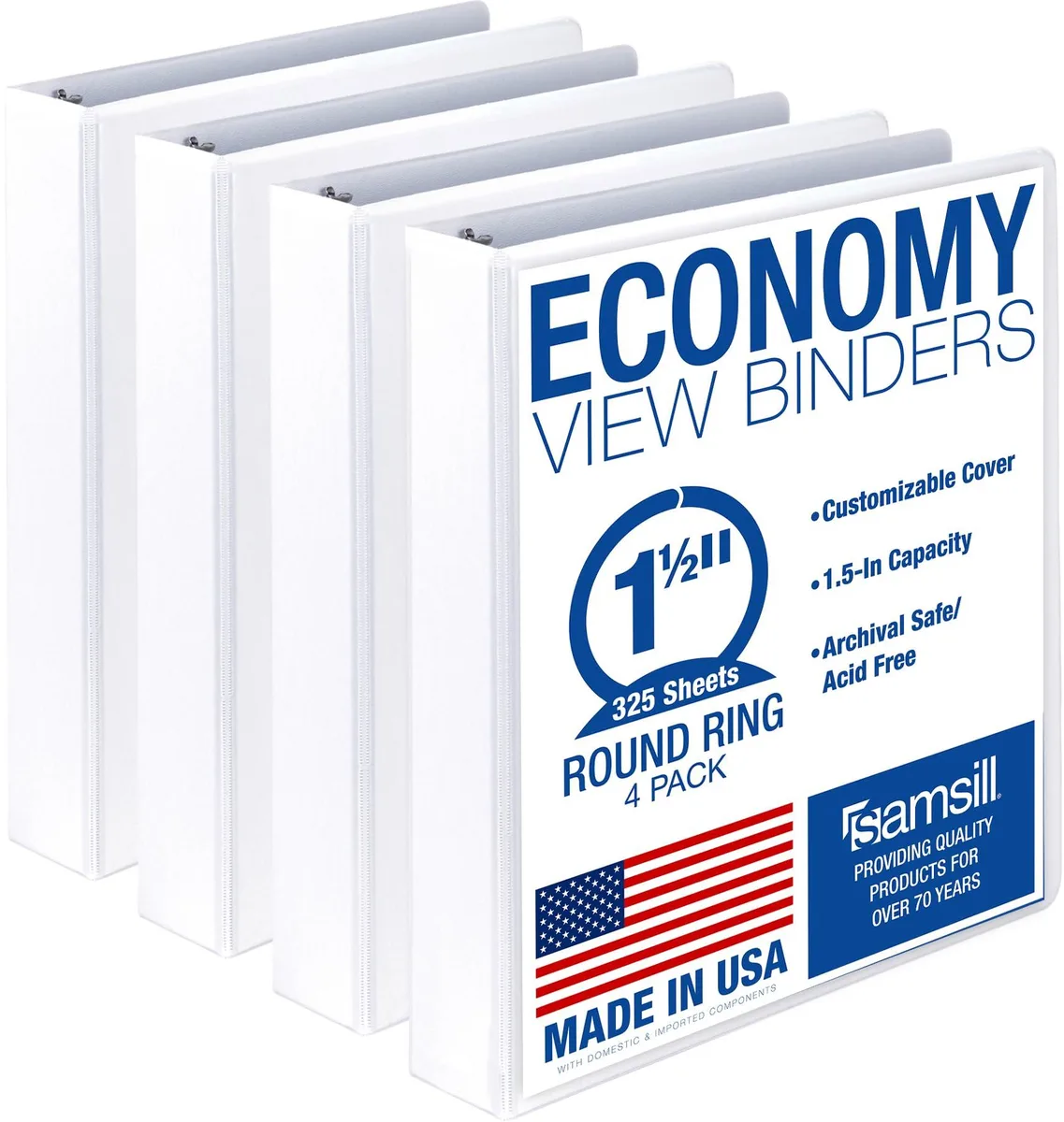 Four white 1.5-inch binders with clear overlay covers
