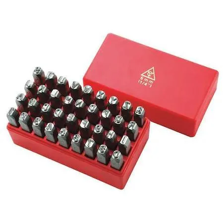 Hand stamp kit with letter and number characters in a case