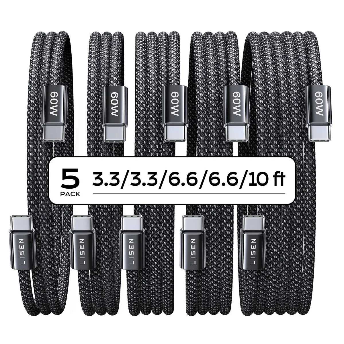 No Sew No Sew USB-C to USB-C Cable 5-Pack 3.3/3.3/6.6/6.6/10FT 60W — product photo