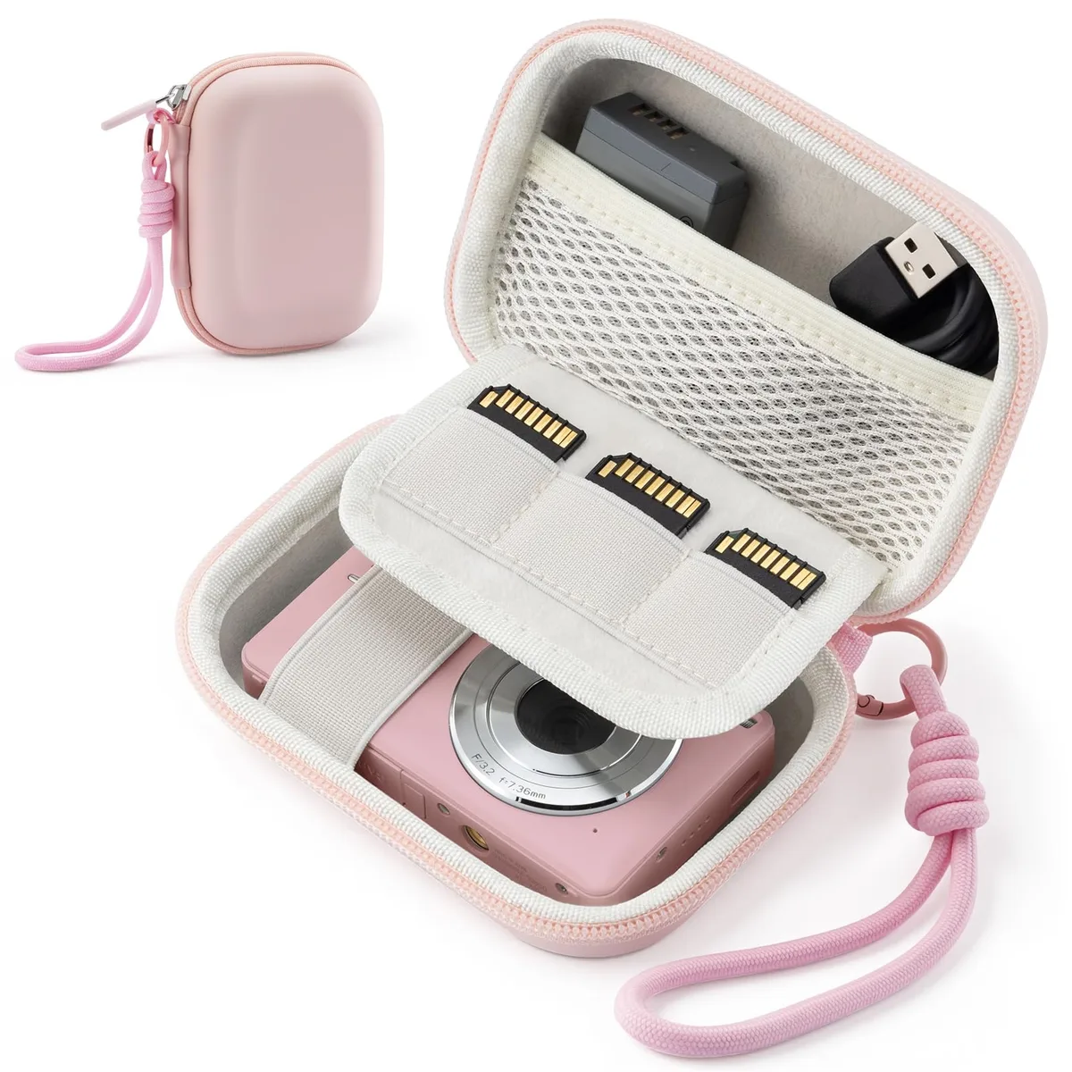 Pink compact hard-shell camera case with wrist strap