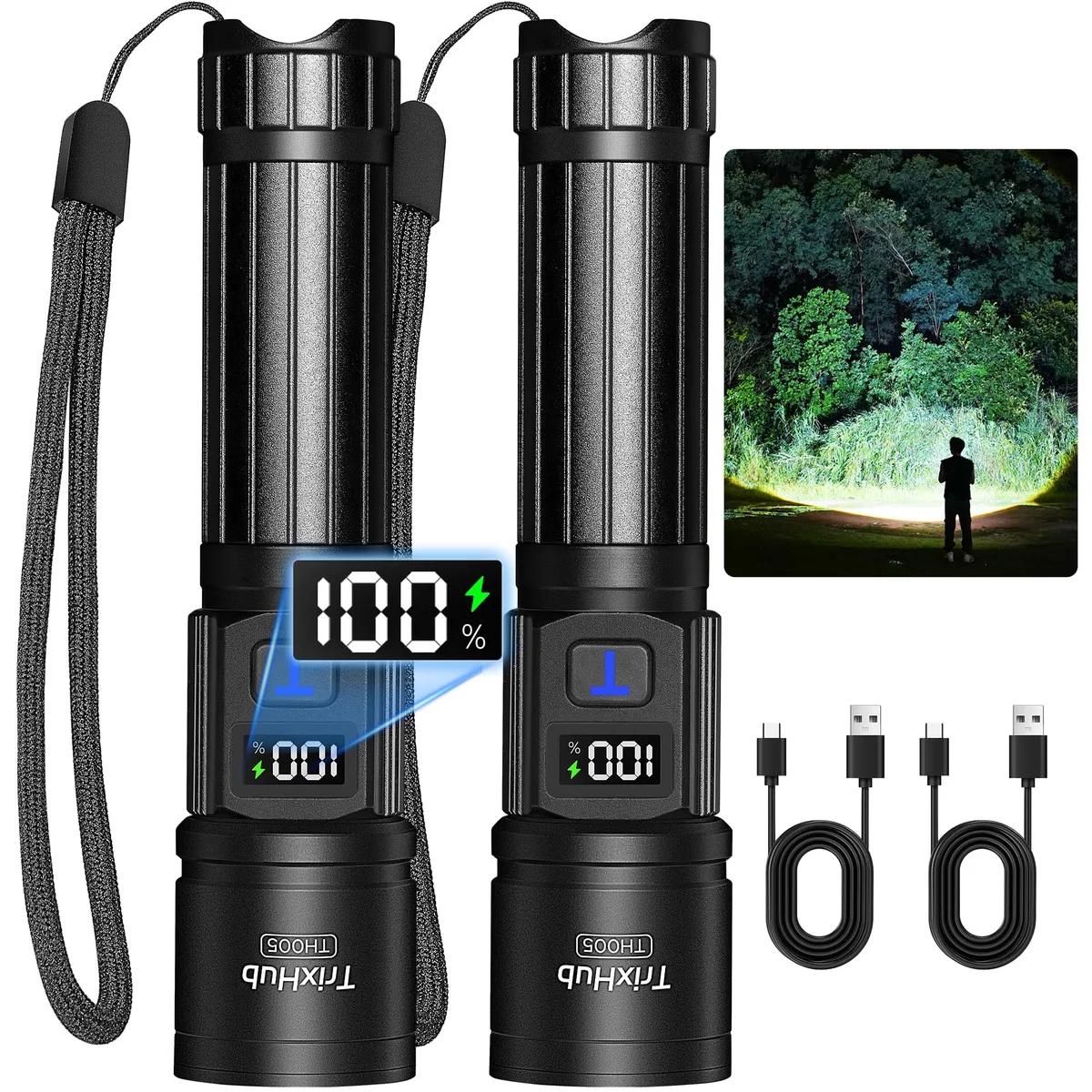 Two cylindrical aluminium flashlights with LCD screens, zoom heads and USB ports