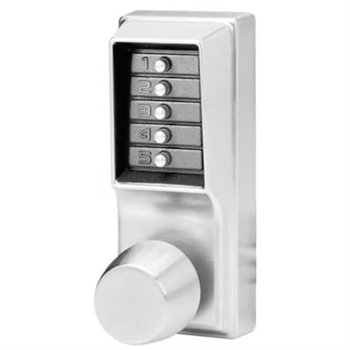 Satin chrome cylindrical knob lock with pushbutton keypad and lever handle