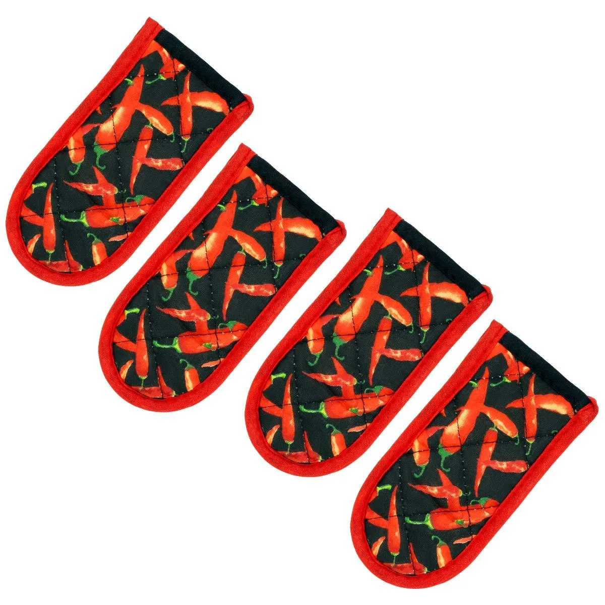 Four red-pepper printed fabric handle covers with hanging loops