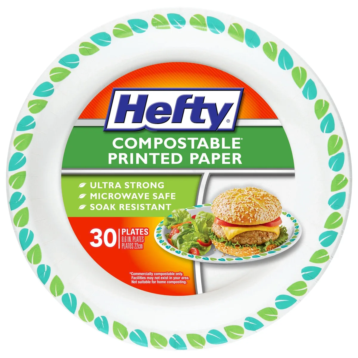Stack of 30 white rectangular compostable plates 8.6 inches square