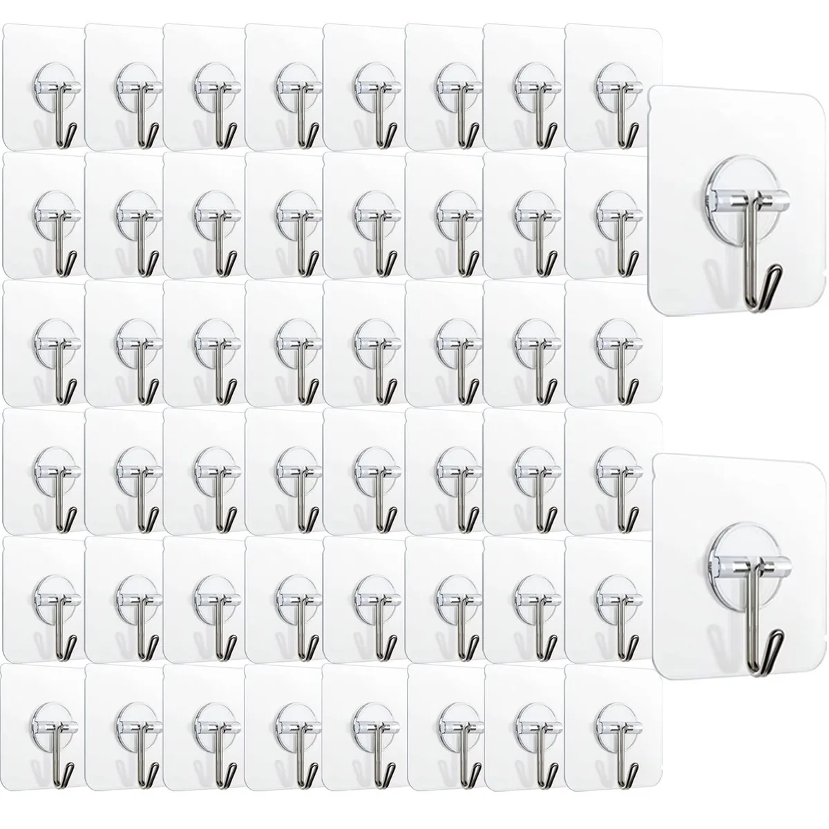 150 transparent square adhesive hooks with stainless steel cores, 2.36 inches each, clear finish