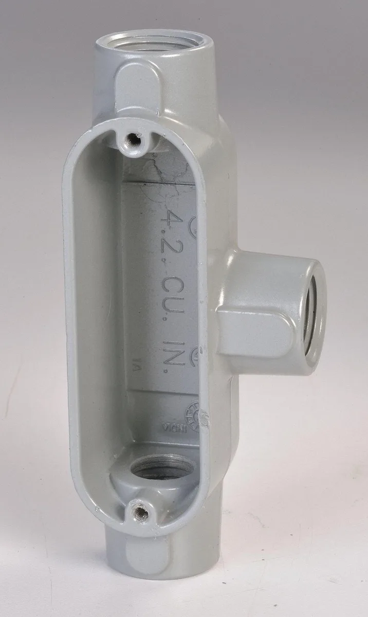 Aluminium T-style conduit outlet body, grey powder-coated finish, 1/2-inch trade size