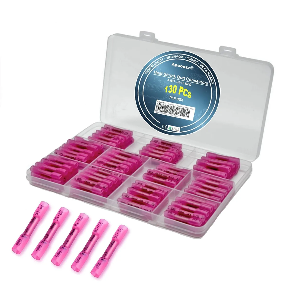 Red heat-shrink butt connectors, 130 pieces for 22-16 AWG wire