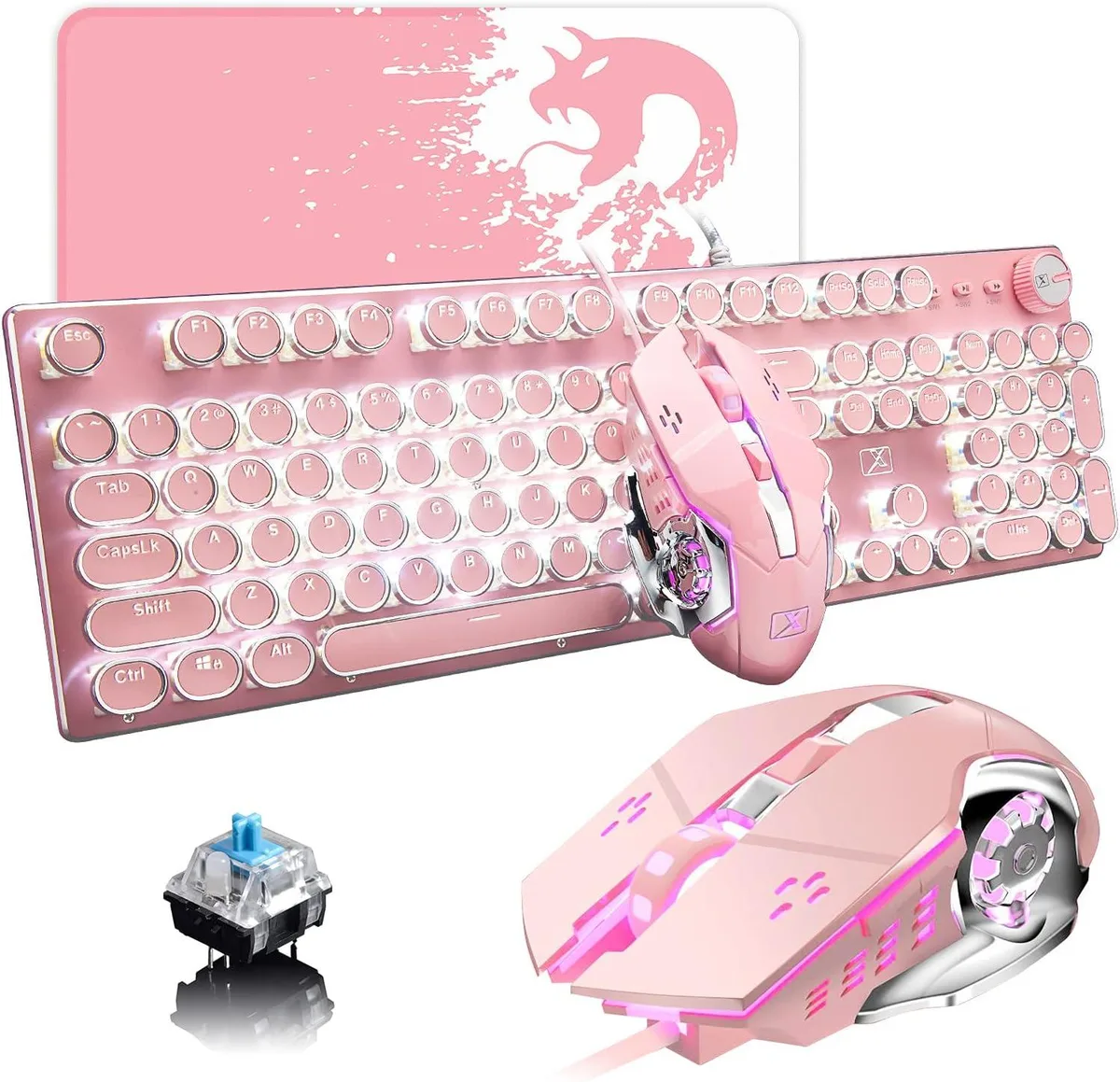 TUKO TUKO Pink Retro Mechanical Gaming Keyboard &amp; Mouse Combo 104 Keys Blue Switch White LED 30 Modes — product photo