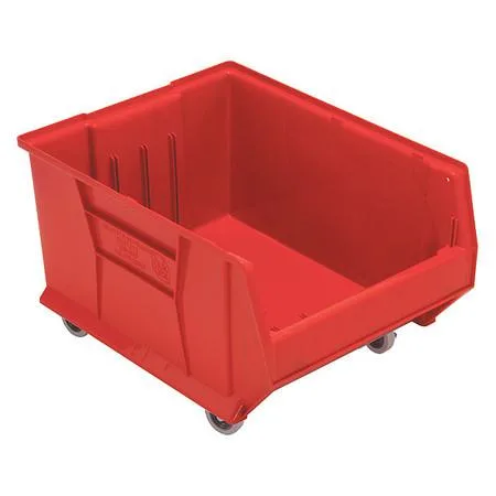 Red polypropylene mobile hopper bin with four swivel casters and brakes