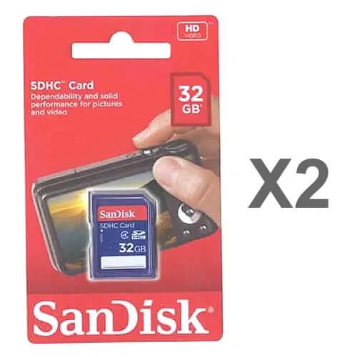 Two new SanDisk 32GB SDHC Class 4 memory cards with writable labels