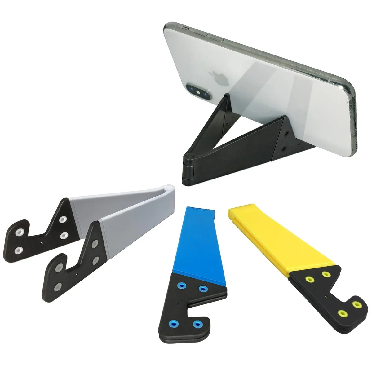 Four chrome foldable phone stands, flat and pocket-sized