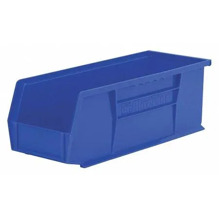 Blue plastic storage bin, hangable and stackable, with label slots and divider slot