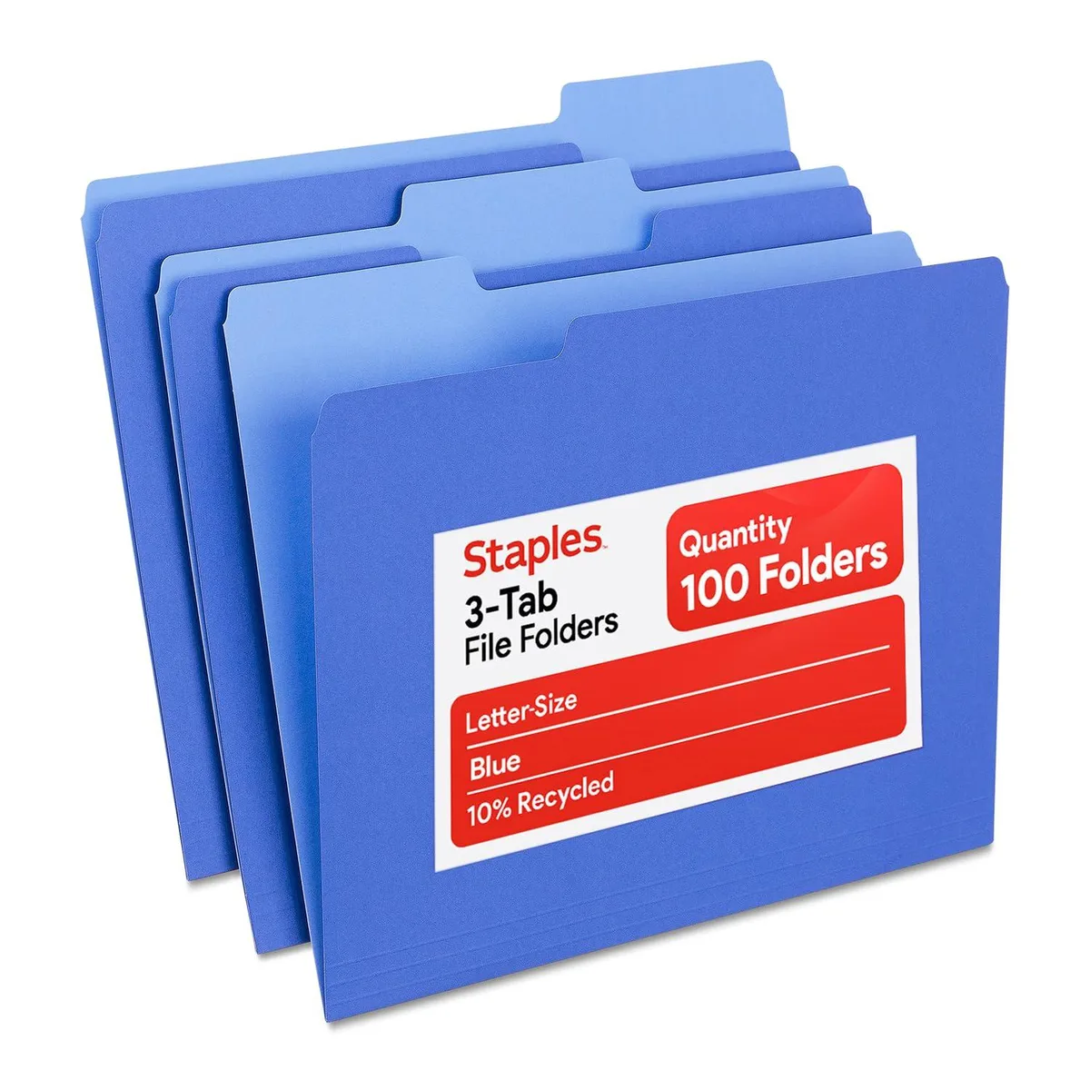 Box of 100 blue letter-size file folders with three 1/3-cut top tabs
