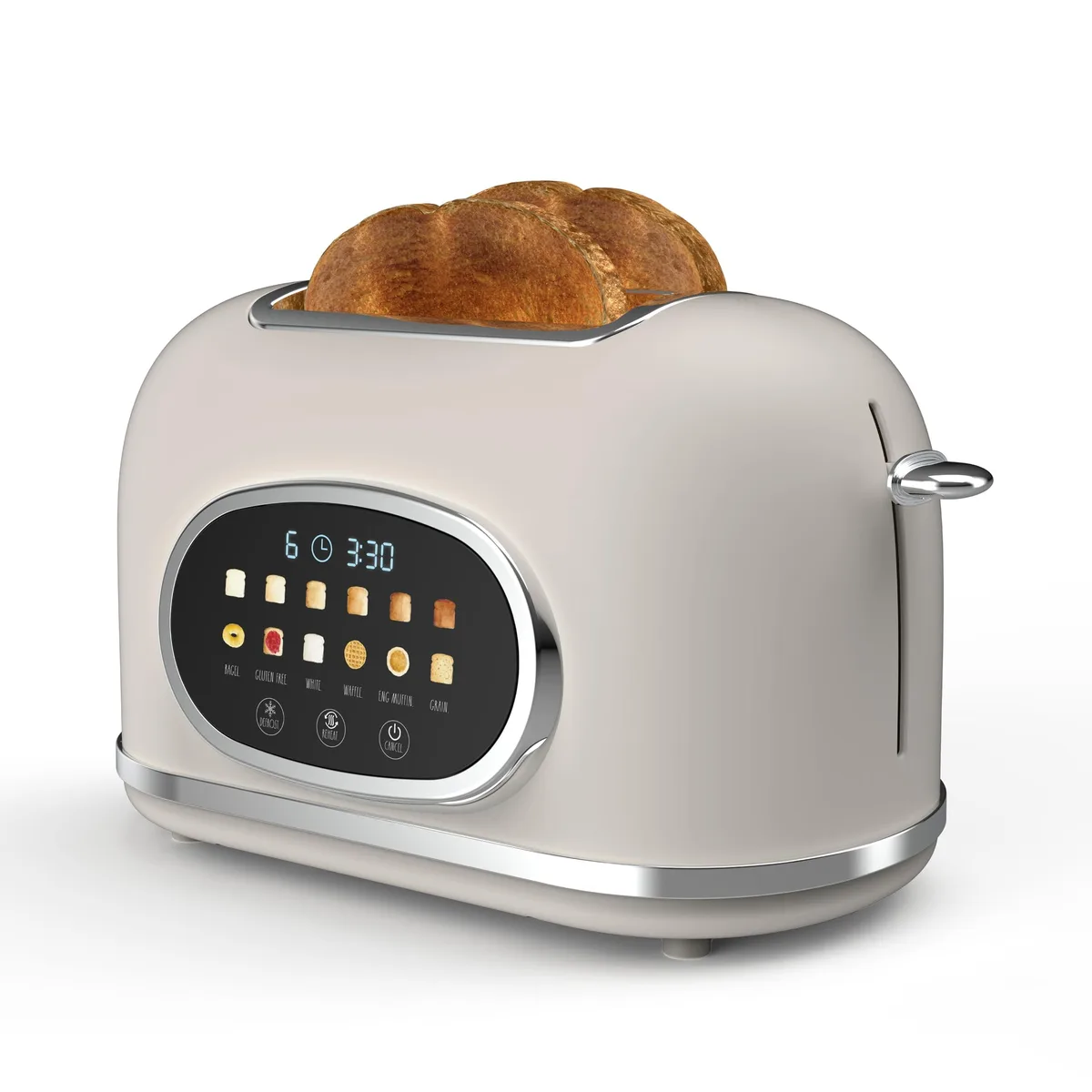 Cream retro two-slice toaster with stainless steel polished finish and touchscreen display