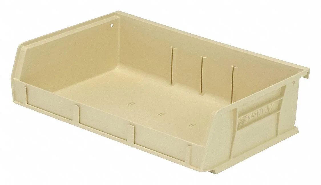 Beige plastic storage bin with label holder, 11 inches wide, stackable design