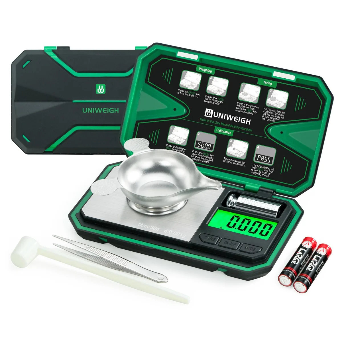 Two white pocket scales with LCD screens and stainless trays, rubberised ABS shells