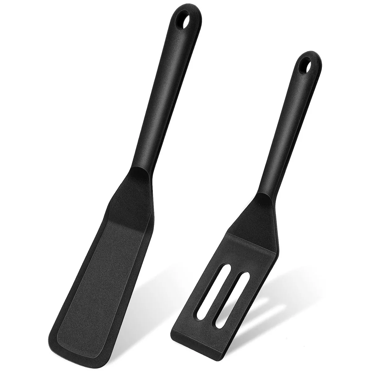 Two black silicone spatulas, one slotted square turner 8.1in and one solid rectangular spatula 10in
