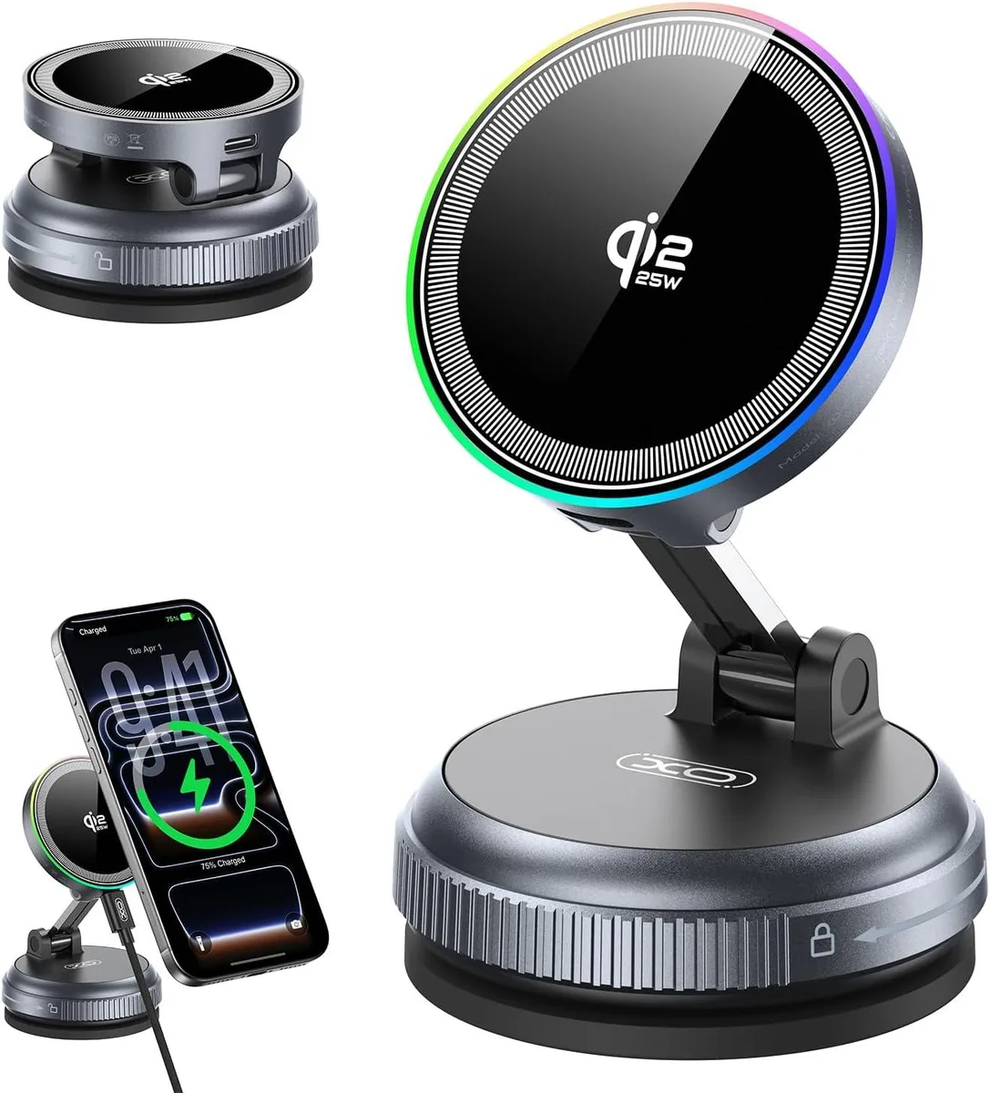 Hamzan Hamzan Qi2.2 Magnetic Car Charger 25W RGB 360° Suction — product photo