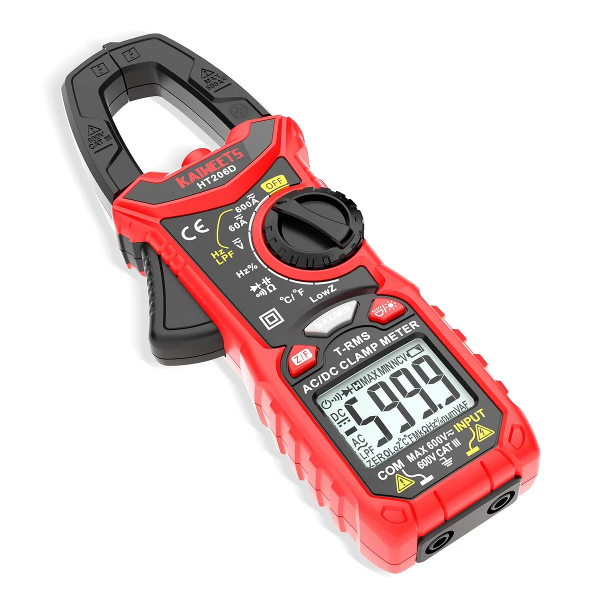 Handheld digital clamp meter, dark grey body with red accents, hinged jaw at top, LCD screen and rotary dial below