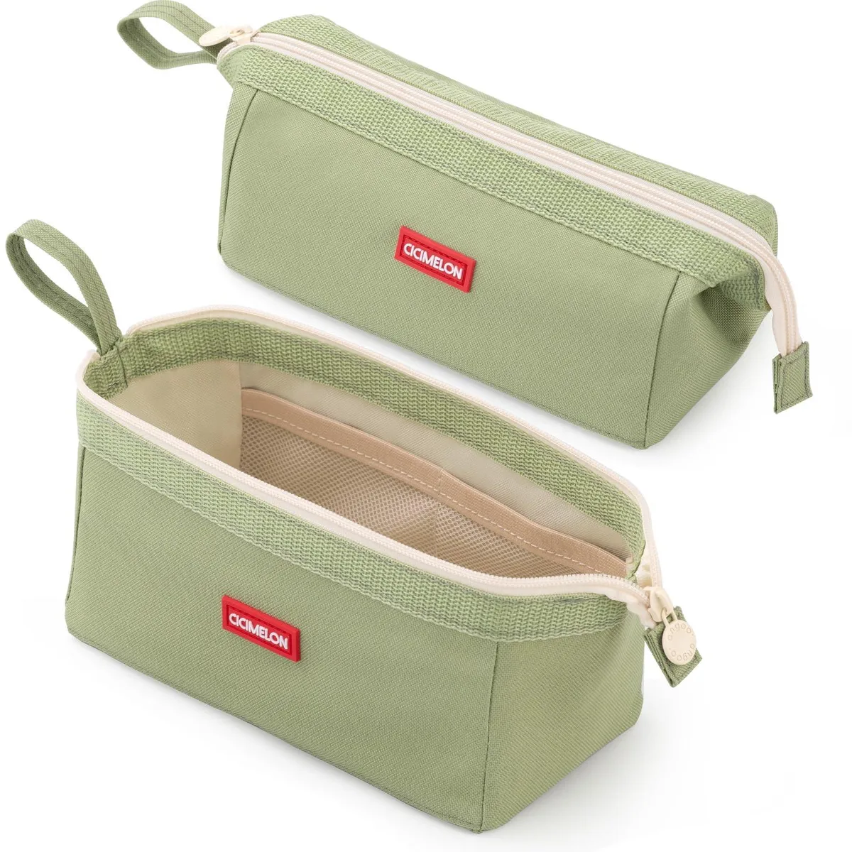 Green polyester pencil pouch, 13 inches, rectangular shape with side carry handle and zipper closure