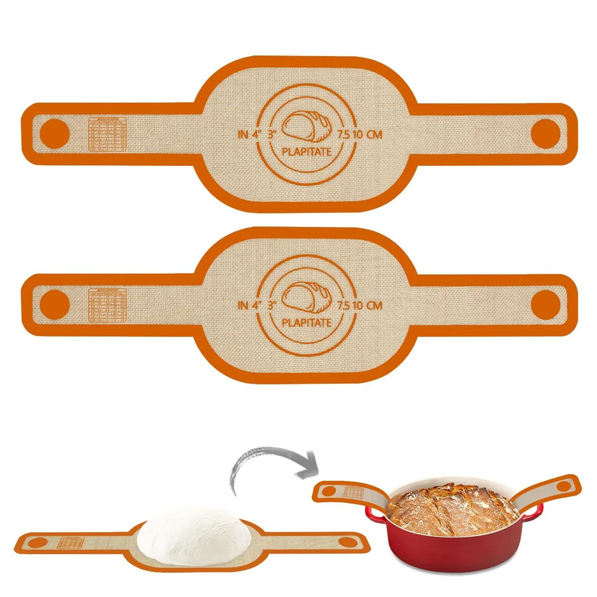 Two orange oval silicone bread slings with long handles
