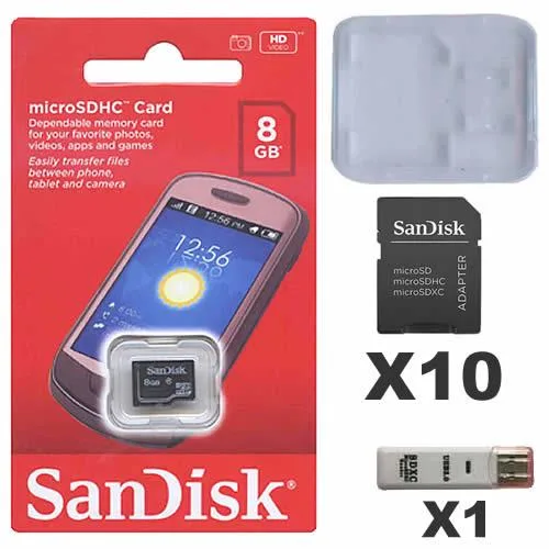 SanDisk SanDisk 8GB microSDHC Class 4 10-pack with adapters, cases, reader — product photo