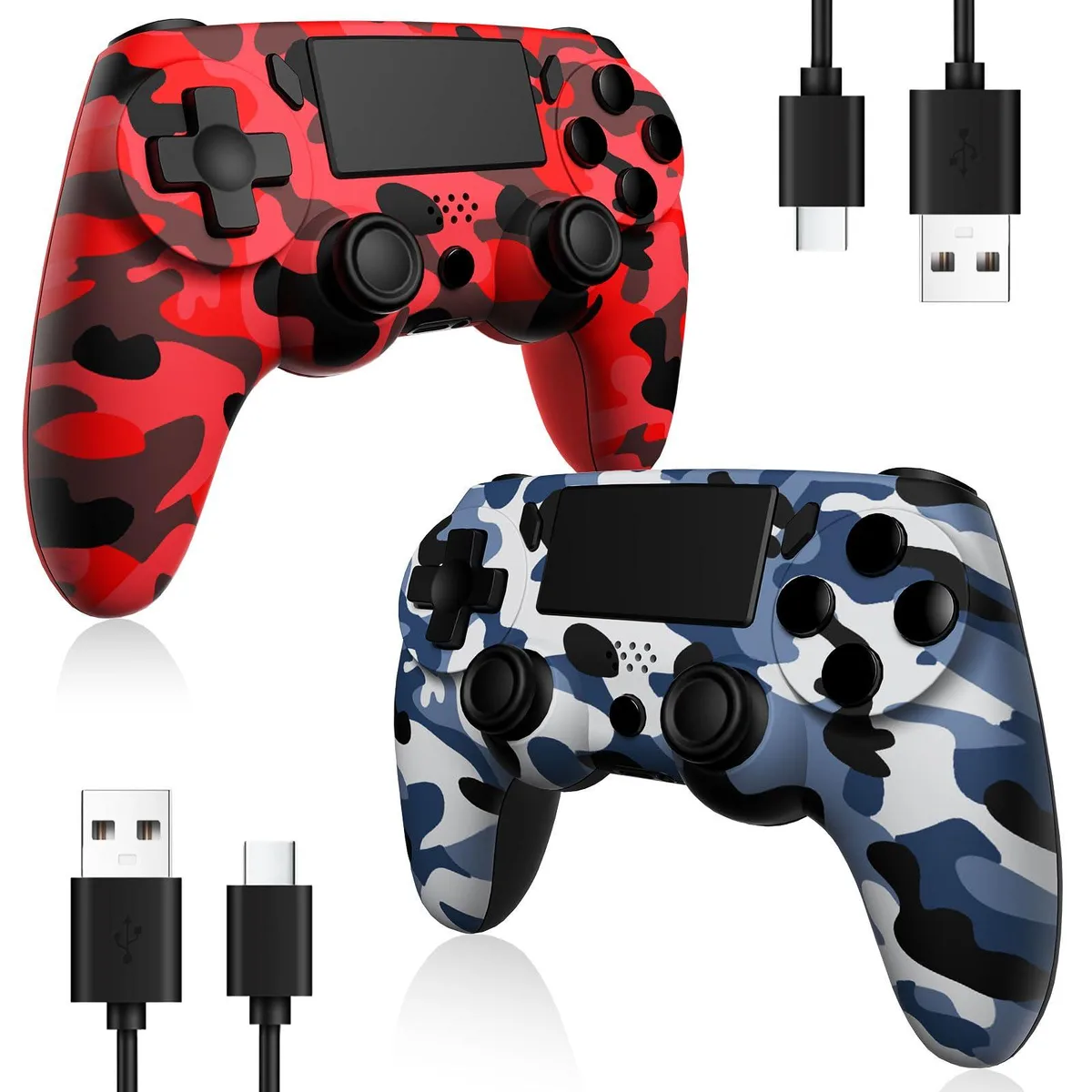 Two wireless gamepads, one red and one blue, each with a touchpad, light bar and 3.5 mm headphone jack