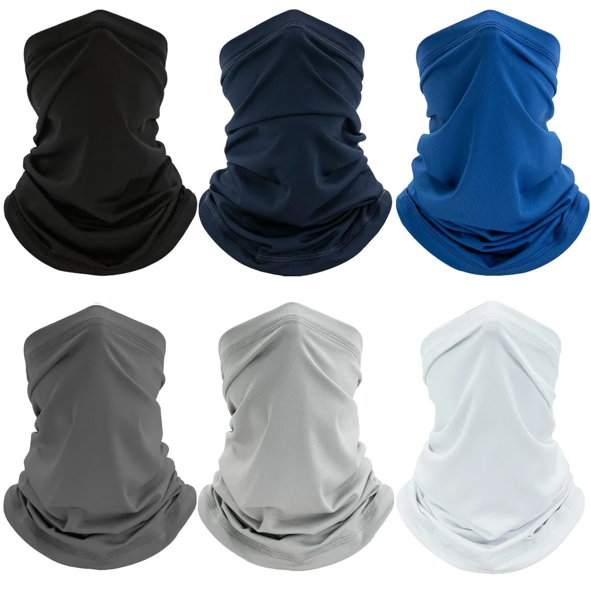Six seamless polyester neck gaiters in assorted colours, flat-stacked