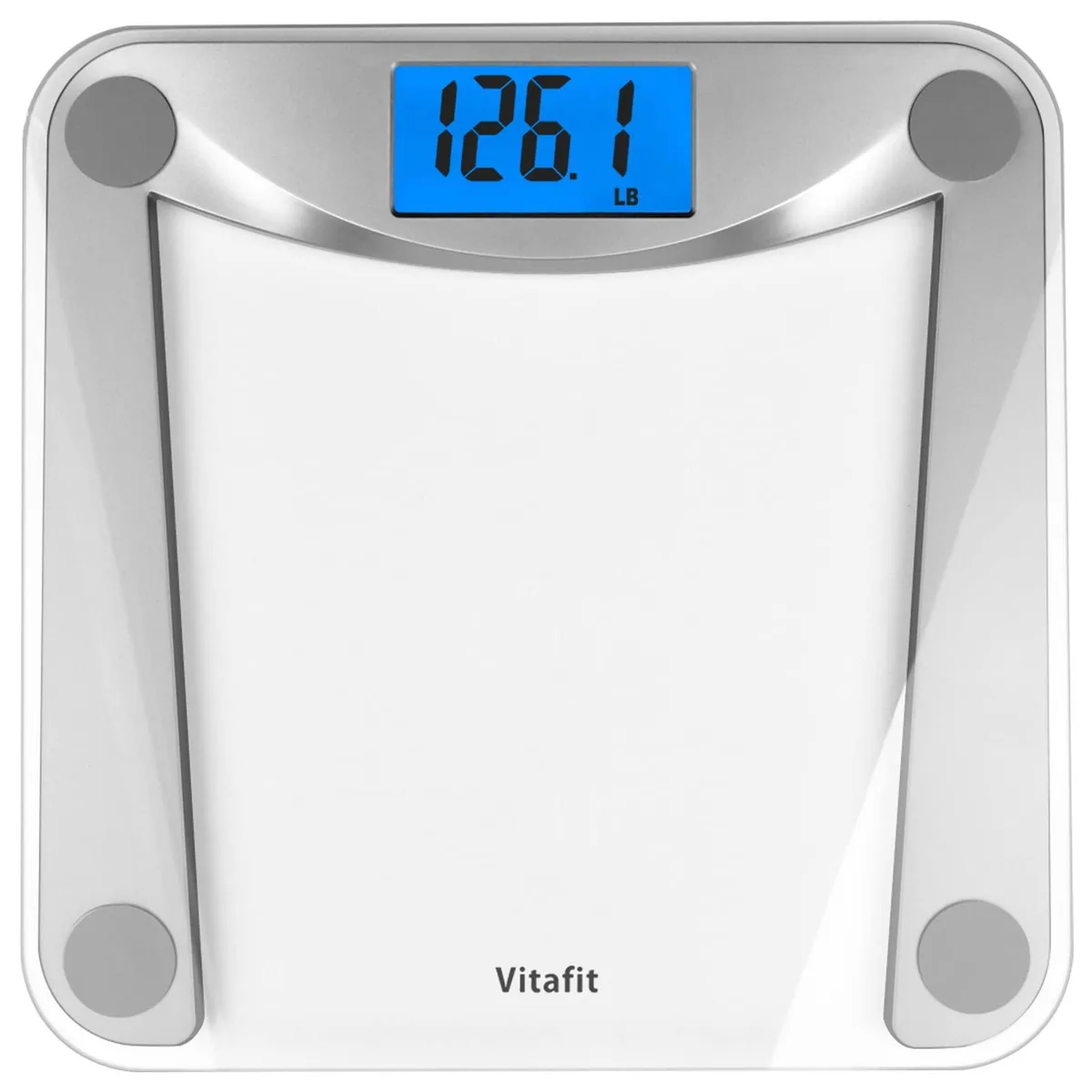 Square silver glass bathroom scale 11 by 11 inches with blue backlit LCD display