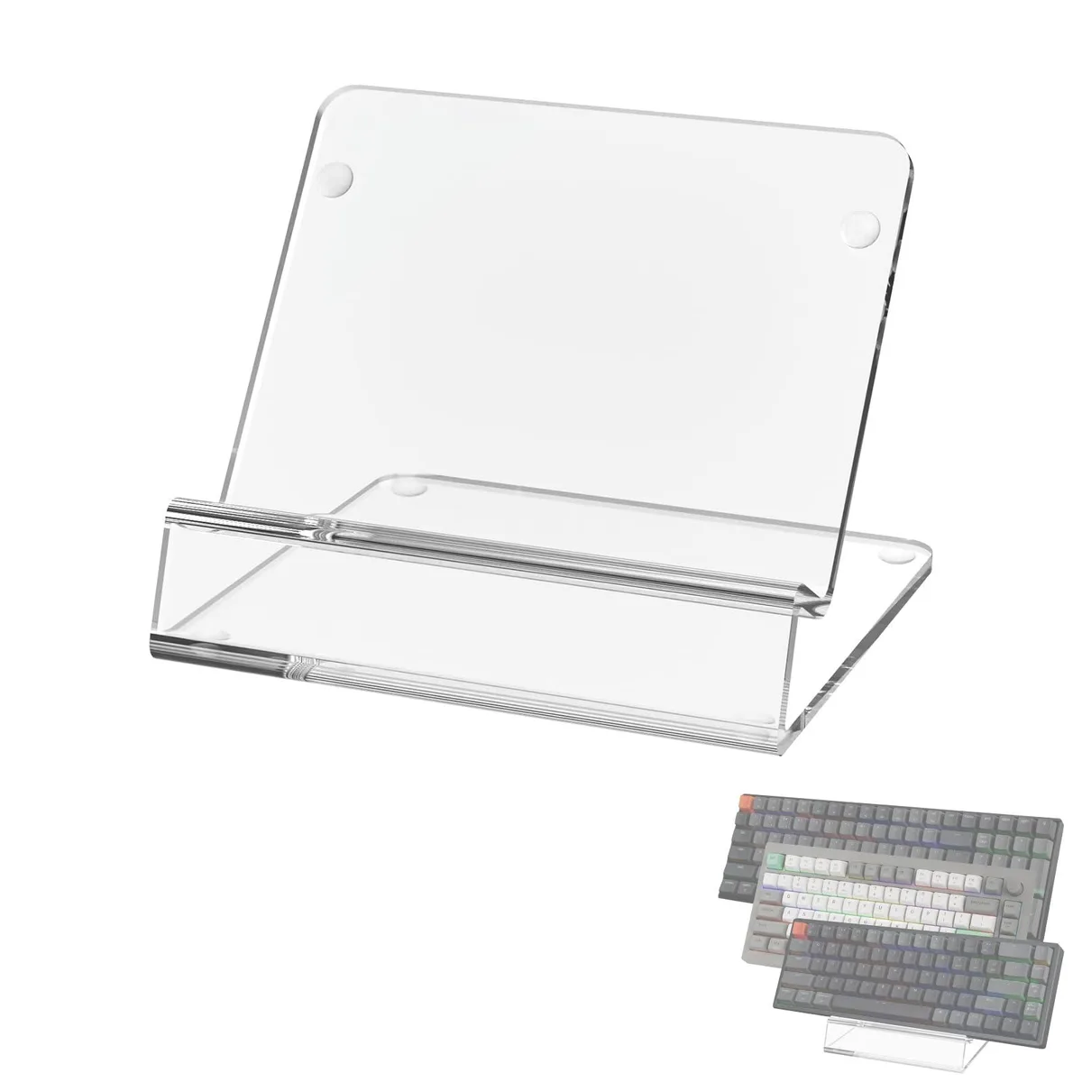 Transparent acrylic keyboard display stand with angled rectangular form factor