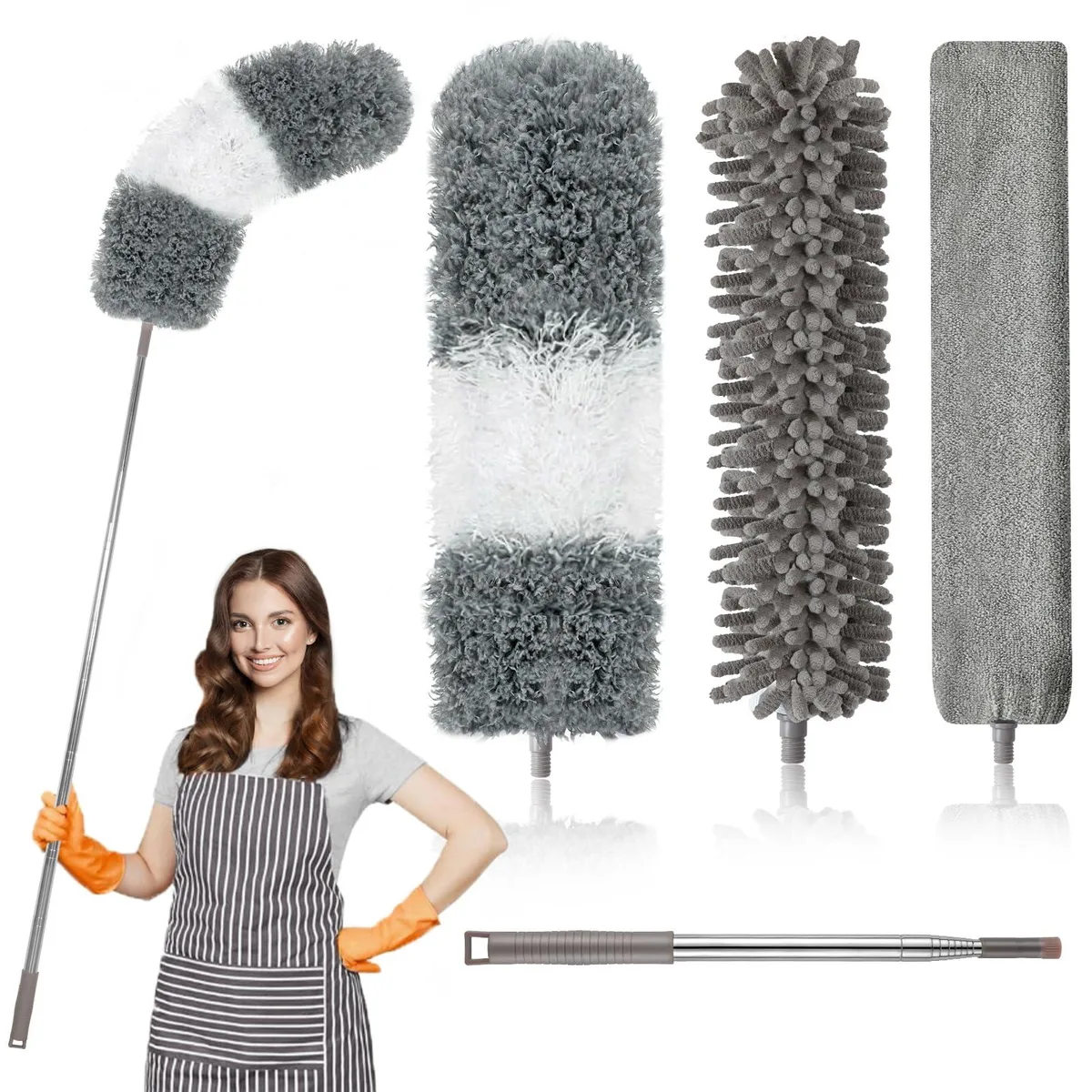 Four-piece microfiber duster kit with stainless steel telescopic pole extending 30 to 100 inches, bendable heads, chenille attachment