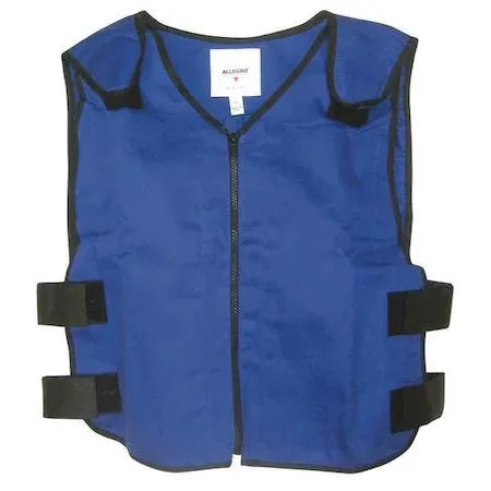 Blue cotton cooling vest with zipper front and adjustable straps four pockets for cold packs