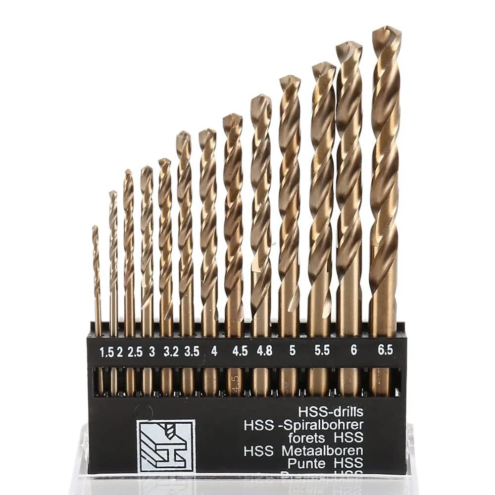 Thirteen cobalt drill bits in a plastic storage box with size markings