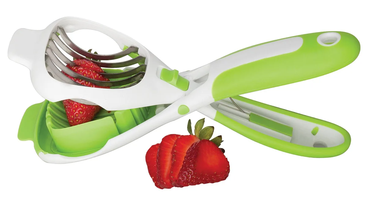Green handled slicer with stainless steel wires, spring hinge, 8.5 inches long