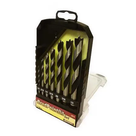 Seven brad point drill bits in a transparent cassette