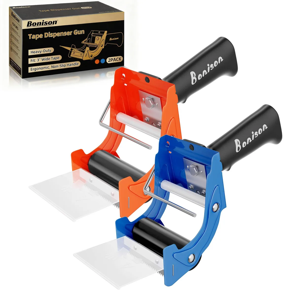 Two black matte tape dispensers with blue orange accents metal body ergonomic handle 3 inch core