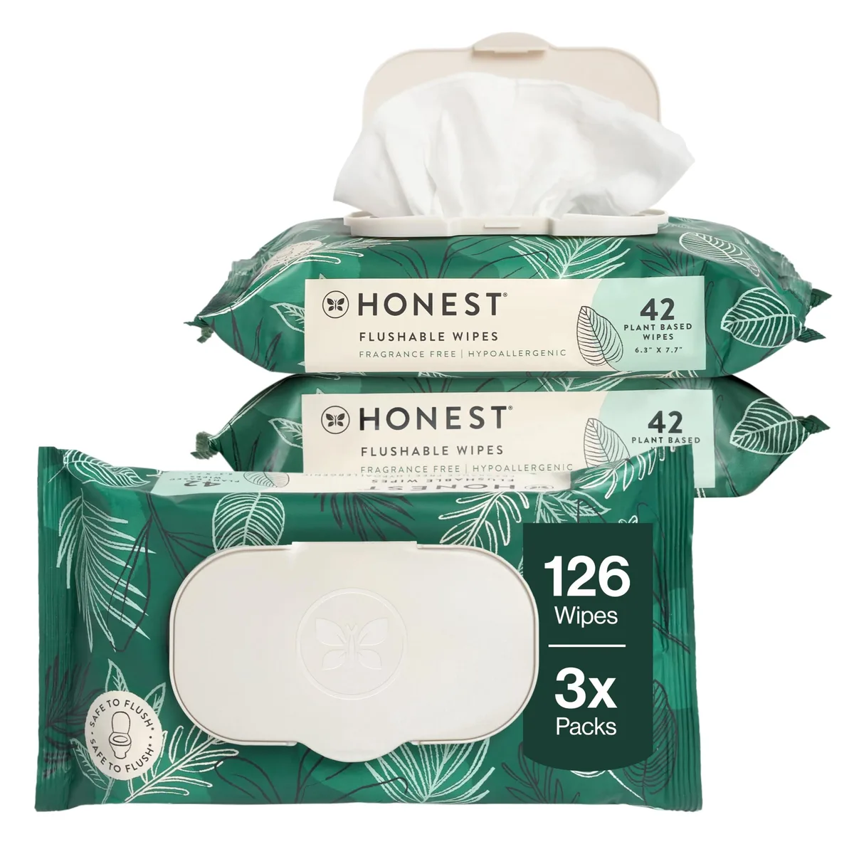 Rectangular white plastic tub with tropical leaf graphics, 126 flushable wipes inside
